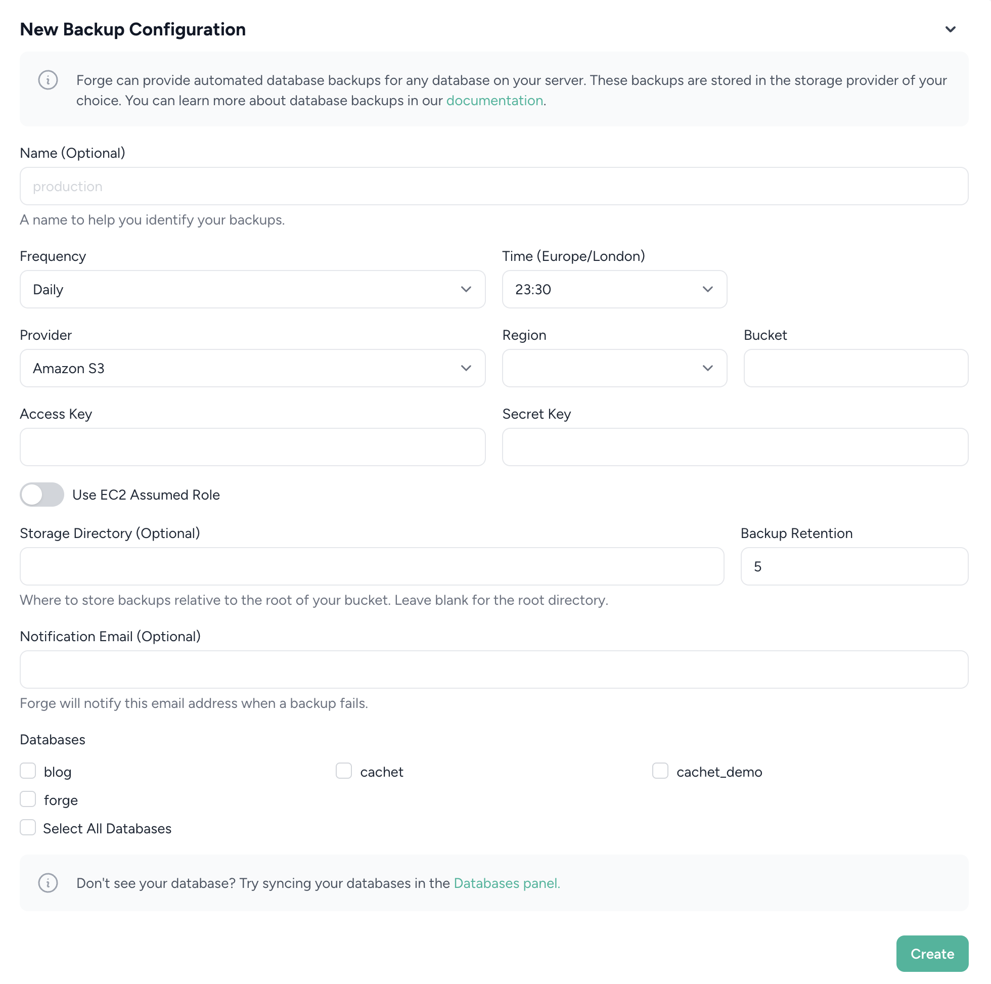 Creating a new backup configuration